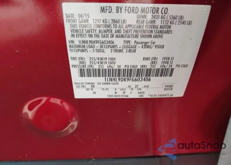 2015 Lincoln Mks from USA, damaged, VIN 1LNHL9DK9FG603406